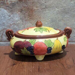 Serving Bowl With Lid Handles Fruit Design Soup Tureen Casserole Footed Dish